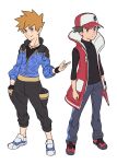  2boys baseball_cap black_pants black_shirt black_wristband blue_jacket blue_oak brown_eyes brown_hair closed_mouth coat commentary_request full_body hat highres jacket jewelry korean_commentary male_focus multiple_boys necklace official_alternate_costume open_clothes open_coat pants pokemon pokemon_(game) pokemon_masters_ex red_(pokemon) red_coat redlhzz shirt shoes short_hair sleeveless_coat sleeves_past_elbows smile spiked_hair standing white_footwear wristband zipper_pull_tab 