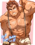  1boy :d abs arm_hair arm_up bara blush body_hair brown_hair bulge chest_hair cowboy_shot facial_hair goatee highres kengo_(housamo) kizami_nori_to_yamaimo large_pectorals long_sideburns looking_at_viewer male_focus male_pubic_hair muscular muscular_male navel navel_hair nipples open_fly pants pectorals pubic_hair pubic_hair_peek short_hair sideburns smile solo stomach stubble suspenders_pull thick_eyebrows tokyo_afterschool_summoners topless_male white_pants 