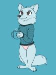 2021 anthro arctic_fox blue_background canid canine clothing container cup disney female fluffy fox holding_cup holding_object mammal panties simple_background skye_(zootopia) smile solo standing sweater tggeko topwear underwear zootopia 