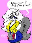  absurd_res anthro breasts chloe_sinclaire cleavage clothed clothing dialogue eyewear female glasses hi_res mammal mephitid school_uniform skunk solo uniform vin4art 