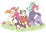  1girl 2boys :d alternate_color backwards_hat baseball_cap blush bow brown_hair brown_pants cabbie_hat capri_pants chikorita closed_eyes closed_mouth commentary_request cowlick cyndaquil ethan_(pokemon) eyelashes flower grass hat hat_bow holding holding_pokemon jacket long_hair long_sleeves lyra_(pokemon) medium_hair multiple_boys open_mouth pants pokemon pokemon_(creature) pokemon_(game) pokemon_hgss pumpkinpan purple_pants red_footwear red_hair red_jacket red_shirt shiny_pokemon shirt shoes silver_(pokemon) sitting smile teeth thighhighs tongue totodile twintails upper_teeth white_headwear white_legwear zipper_pull_tab 