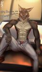  2021 absurd_res anthro blush bottomwear canid canine canis car clothed clothing dialogue dreamworks english_text footwear hi_res looking_at_viewer male mammal mr._wolf_(the_bad_guys) muscular muscular_anthro muscular_male pants plantigrade shoes sitting text the_bad_guys topless topless_anthro topless_male underwear vehicle wolf zenfry 