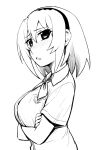  1girl arms_under_breasts black_hairband breasts collared_shirt crossed_arms fang fuyuzora greyscale hairband higurashi_no_naku_koro_ni houjou_satoko large_breasts monochrome ribbon school_uniform shirt short_hair skin_fang solo st._lucia_academy_school_uniform white_background 