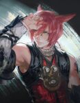  1boy animal_ears arm_tattoo arm_up bangs bare_shoulders cat_ears collar facial_mark final_fantasy final_fantasy_xiv frischenq g&#039;raha_tia green_eyes heterochromia looking_back male_focus miqo&#039;te neck_tattoo red_eyes red_hair red_shirt shirt short_hair sleeveless sleeveless_shirt smile solo swept_bangs tattoo upper_body vambraces white_collar 