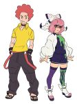 1boy 1girl afro asymmetrical_legwear baggy_pants black_choker brown_eyes brown_pants choker collared_shirt commentary_request eyeshadow flint_(pokemon) full_body fur_jacket grin hands_in_pockets highres jacket klara_(pokemon) korean_commentary makeup mismatched_legwear mole mole_under_mouth pants pink_eyeshadow pink_hair pink_lips pokemon pokemon_(game) pokemon_dppt pokemon_swsh red_hair redlhzz sandals shirt shoes short_hair short_sleeves shorts smile standing thighhighs toes white_jacket yellow_shirt 