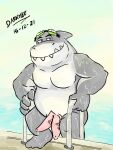  2021 2_penises anthro darkmee dreamworks erection fish genitals grey_body hi_res humanoid_hands male marine mr._shark_(the_bad_guys) multi_genitalia multi_penis overweight overweight_male penis shark solo the_bad_guys wet white_body 