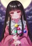  1girl bangs belt black_hair blouse blush bow bowtie closed_mouth cloud cloudy_sky collar collared_blouse eyebrows_visible_through_hair frills hands_up houraisan_kaguya jaku_sono long_hair long_sleeves looking_at_viewer moon multicolored_eyes night night_sky pink_blouse pink_eyes pink_sleeves purple_sky red_eyes sidelocks sky smile solo touhou treasure white_belt white_bow white_bowtie wide_sleeves yellow_moon 