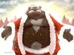  2021 anthro belly blush brown_body brown_fur clothing detailed_background dober facial_hair fur hi_res humanoid_hands male mammal mature_male moobs mustache navel nipples outside overweight overweight_male snow snowing solo underwear ursid 