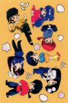  1980s_(style) 3boys 4girls bell black_hair blue_hair bow braid braided_ponytail dual_persona eyewear_on_head hair_bell hair_bow hair_ornament headband hibiki_ryouga indian_style kuonji_ukyou long_hair long_sleeves looking_at_viewer mousse_(ranma_1/2) multiple_boys multiple_girls official_art open_mouth orange_background purple_hair ranma-chan ranma_1/2 red_hair retro_artstyle round_eyewear saotome_ranma scan shampoo_(ranma_1/2) short_hair simple_background sitting smile standing tendou_akane upside-down wariza 