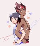  2boys :d abs ash_ketchum back-to-back black_hair blush catsubun_(kkst0904) closed_mouth commentary dark-skinned_male dark_skin happy heart interracial jewelry kiawe_(pokemon) locked_arms male_focus multicolored_hair multiple_boys necklace open_mouth pokemon pokemon_(anime) pokemon_sm_(anime) shirt short_hair short_sleeves smile striped striped_shirt t-shirt teeth tongue topless_male upper_teeth yaoi 