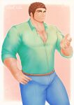  1boy absurdres alternate_pectoral_size arm_hair axis_powers_hetalia bara beard brown_hair bulge chest_hair cowboy_shot denim facial_hair highres jeans large_pectorals looking_at_viewer male_focus mature_male mono_(3436234) muscular muscular_male pants partially_unbuttoned pectoral_cleavage pectorals short_hair smile solo thick_eyebrows thick_thighs thighs turkey_(hetalia) 