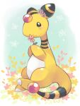  ampharos blush closed_mouth commentary_request flower holding holding_flower no_humans pink_flower pokemon pokemon_(creature) signature sitting smile solo tansho 