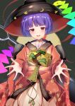  1girl absurdres blush bowl bowl_hat brown_eyes eyebrows_visible_through_hair hat highres in_bowl in_container japanese_clothes kimono koizumo long_sleeves miracle_mallet needle_sword obi open_mouth purple_hair red_kimono sash short_hair smile solo sukuna_shinmyoumaru touhou wide_sleeves 