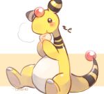  ampharos blush brown_eyes closed_mouth commentary_request eating food holding holding_food no_humans pokemon pokemon_(creature) signature sitting solo tansho 
