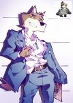  2021 anthro black_belt black_nose blue_bow_tie blue_suit brown_body brown_fur canid canine canis chart chest_tuft clothed clothing dreamworks fully_clothed fur grin head_tuft height_chart hi_res koarakeru male mammal mr._wolf_(the_bad_guys) smile solo standing tan_body tan_fur the_bad_guys tuft untied_bow_tie wolf yellow_eyes 