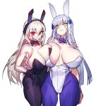  2girls animal_ears black_legwear black_leotard blonde_hair blue_bow blue_bowtie blue_legwear bow bowtie breasts closed_mouth eyebrows_visible_through_hair fake_animal_ears girls&#039;_frontline green_eyes hairband hk416_(girls&#039;_frontline) large_breasts leotard looking_at_viewer m4_sopmod_ii_(girls&#039;_frontline) melon22 multicolored_hair multiple_girls pantyhose parted_lips rabbit_ears red_bow red_bowtie red_eyes red_hair silver_hair smile white_leotard 