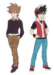  2boys bangs baseball_cap belt belt_buckle black_hair black_wristband blue_oak brown_footwear brown_hair brown_pants buckle closed_mouth commentary_request full_body hands_in_pockets hat highres jacket jewelry korean_commentary long_sleeves male_focus multiple_boys necklace pants pokemon pokemon_adventures red_(pokemon) red_headwear redlhzz shirt shoes short_hair short_sleeves smile spiked_hair standing 