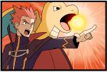  1boy border brown_cape cape commentary_request dragonite hyper_beam_(pokemon) jacket jaho lance_(pokemon) long_sleeves male_focus open_mouth outstretched_arm pink_hair pointing pokemon pokemon_(creature) pokemon_(game) pokemon_hgss spiked_hair teeth tongue upper_body white_border 