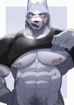  1boy abs animal_ears bandaid bandaid_on_cheek bandaids_on_nipples bara black_shirt blue_eyes blush bottomless clothes_lift cowboy_shot cross_scar embarrassed facial_hair furry furry_male grey_fur groin hachi_duchi highres large_pectorals lifted_by_self male_focus male_pubic_hair mature_male muscular muscular_male naked_shirt navel navel_hair nipples original pasties pectorals pubic_hair scar shirt shirt_lift solo stomach stubble t-shirt underpec wolf_boy wolf_ears 