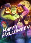  3boys abs animal_ears bandage_over_one_eye bara bare_pectorals black_tank_top bulge colored_skin feet_out_of_frame frankenstein&#039;s_monster frown full_moon green_skin halloween halloween_costume happy_halloween highres jack-o&#039;-lantern large_pectorals looking_at_viewer male_focus male_underwear male_underwear_peek mature_male moon multiple_boys muscular muscular_male navel nipples open_fly original pectorals red_male_underwear sharp_teeth shirt short_hair sideburns stomach tail tank_top teeth thick_eyebrows thick_thighs thighs torn_clothes torn_shirt tree underwear waku_(ayamix) wolf_boy wolf_ears wolf_tail 
