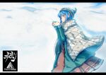  1girl blue_hair copyright_name cup hat highres holding holding_cup jinkou-kuu outdoors pom_pom_(clothes) shawl shima_rin snow solo winter winter_clothes yurucamp 