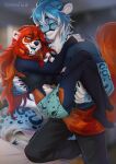  2021 5_fingers ailurid anthro blue_hair breasts clothed clothing digital_media_(artwork) feet felid female fingers fur hair kammi-lu leopard mammal open_mouth orange_body orange_fur pantherine red_body red_fur red_hair red_panda smile teeth toes tongue 