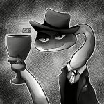  2021 abstract_background anthro clothing container cup digital_drawing_(artwork) digital_media_(artwork) fangs goblet greyscale hat headgear headwear male monochrome mr._snake_(the_bad_guys) narrowed_eyes necktie neoberus reptile scales scalie signature snake solo suit_jacket the_bad_guys topwear 