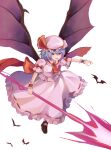  1girl absurdres animal ascot bat bat_wings black_footwear blue_hair blush brooch full_body hair_between_eyes hat highres holding holding_weapon jewelry koizumo mob_cap open_mouth pink_headwear pink_shirt pink_skirt puffy_short_sleeves puffy_sleeves red_ascot red_eyes remilia_scarlet shirt short_hair short_sleeves simple_background skirt solo spear_the_gungnir touhou weapon white_background wings 