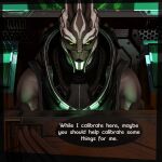  3d_(artwork) alien armor calibrations clothed clothing computer dialogue digital_media_(artwork) english_text hi_res lights looking_at_viewer looking_up machine male mass_effect moreuselesssource not_furry open_mouth sleeveless_shirt solo speech_bubble text topwear turian video_games wire 