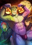  3boys abs animal_ears bandage_over_one_eye bara bikini_briefs blush bulge colored_skin feet_out_of_frame frankenstein&#039;s_monster frown full_moon green_skin halloween halloween_costume highres jack-o&#039;-lantern large_pectorals looking_at_viewer male_focus male_underwear mature_male moon multiple_boys muscular muscular_male navel nipples original pectorals red_male_underwear semi-rimless_eyewear sharp_teeth short_hair sideburns stomach tail teeth thick_eyebrows thick_thighs thighs topless_male tree under-rim_eyewear underwear waku_(ayamix) wolf_boy wolf_ears wolf_tail 