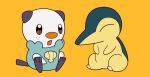  brown_eyes closed_eyes commentary_request cyndaquil fang freckles jaho no_humans open_mouth orange_background oshawott pokemon pokemon_(creature) simple_background sitting toes 