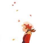  1girl autumn_leaves bow brown_hair cabbie_hat closed_eyes closed_mouth commentary_request cyndaquil from_side hat hat_bow jaho leaves_in_wind long_hair lyra_(pokemon) on_shoulder pokemon pokemon_(creature) pokemon_(game) pokemon_hgss pokemon_on_shoulder red_bow red_shirt shirt smile twintails upper_body white_background white_headwear 