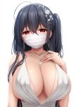  1girl areola_slip areolae azur_lane backless_dress backless_outfit bare_shoulders black_hair blush breasts center_opening cleavage cocktail_dress covered_nipples dress earrings evening_gown hair_between_eyes hair_ornament highres huge_breasts jewelry looking_at_viewer mask mouth_mask necklace official_alternate_costume plunging_neckline red_eyes simple_background sleeveless sleeveless_dress solo taihou_(azur_lane) taihou_(temptation_on_the_sea_breeze)_(azur_lane) tapisuke upper_body white_background white_dress 