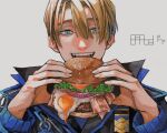 1boy absurdres bacon bangs black_jacket blonde_hair blue_eyes blue_jacket burger constricted_pupils dimitri_alexandre_blaiddyd eating fatalbug896 fire_emblem fire_emblem:_three_houses food grey_background hair_between_eyes highres holding holding_food jacket lettuce long_sleeves looking_at_viewer male_focus meat multicolored_clothes multicolored_jacket onion open_mouth short_hair signature simple_background solo sunny_side_up_egg tomato_slice two-tone_jacket upper_body 