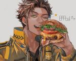  1boy absurdres bacon black_shirt braid brown_hair burger cheese claude_von_riegan constricted_pupils eating epaulettes fatalbug896 fire_emblem fire_emblem:_three_houses food green_eyes grey_background high_collar highres holding holding_food jacket lettuce looking_at_viewer male_focus meat one_eye_closed onion open_clothes open_jacket open_mouth shirt short_hair side_braid signature simple_background single_braid solo star_(symbol) tomato_slice upper_body yellow_jacket 