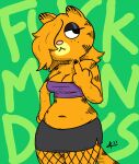  anthro background_text black_bottomwear black_clothing black_eyeshadow black_nail_polish black_skirt bottomwear clothing digital_drawing_(artwork) digital_media_(artwork) domestic_cat eyeshadow felid feline felis female fishnet_leggings fur garfield_(series) garfield_the_cat gesture gothfield green_background hair hair_over_eye hand_on_hip looking_aside makeup mammal middle_finger one_eye_obstructed orange_body orange_fur orange_hair purple_clothing purple_topwear signature simple_background skirt slightly_chubby solo solo_focus standing striped_body striped_fur stripes topwear tube_top zigmenthotep 