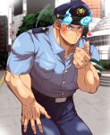  1boy alternate_pectoral_size aqua_shirt bara beckoning blue_eyes blue_fire blue_hair blue_pants blush come_hither ear_blush feet_out_of_frame fiery_hair fire forked_eyebrows hand_on_own_thigh hat highres kizami_nori_to_yamaimo large_pectorals looking_at_viewer male_focus muscular muscular_male official_alternate_costume pants pectorals police police_hat police_uniform policeman scar scar_on_cheek scar_on_face shirt short_hair sideburns solo sweatdrop thick_eyebrows thick_thighs thighs toji_(housamo) tokyo_afterschool_summoners uniform 