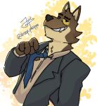  abstract_background anthro blue_necktie boop_philippe canid canine canis cheek_tuft clothing digital_drawing_(artwork) digital_media_(artwork) facial_tuft fur grey_body grey_fur grin hand_behind_back head_tuft male mammal mr._wolf_(the_bad_guys) necktie shirt signature smile solo tan_body tan_fur the_bad_guys topwear tuft white_clothing white_shirt white_topwear wolf yellow_eyes 