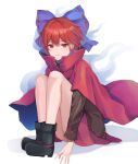  1girl absurdres black_footwear black_shirt blue_bow blue_cape boots bow cape closed_mouth full_body hair_between_eyes hair_bow highres koizumo long_sleeves miniskirt multicolored_cape multicolored_clothes red_cape red_eyes red_hair red_skirt sekibanki shirt short_hair simple_background skirt smile solo touhou white_background 