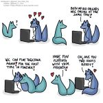  ! &lt;3 1:1 ? blue_body blue_fox_(foxes_in_love) blue_fur blue_tail canid canine comic computer dialogue duo english_text feral fox foxes_in_love fur green_body green_fox_(foxes_in_love) green_fur green_tail headphones hi_res laptop male_(lore) mammal shadow simple_background text url 