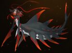  1girl black_hair black_sclera colored_sclera colored_skin fins gills glowing glowing_eyes highres looking_at_viewer mermaid monster_girl multicolored_skin original red_hair ruteko_(ruko220) shark_girl sharp_teeth spikes teeth underwater yellow_eyes 