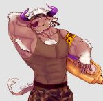  1boy animal_ears armband brown_fur camouflage camouflage_headwear commentary cow_ears cow_horns envy-soda furry furry_male headband holding holding_syringe horns minotaur muscular muscular_male one_eye_closed outstretched_arm purple_eyes smile solo_focus syringe tank_top tokyo_afterschool_summoners white_hair 