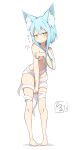  1girl absurdres animal_ear_fluff animal_ears bandages bangs bare_arms bare_shoulders barefoot blue_hair full_body hair_between_eyes highres idaten93 long_hair naked_bandage original shadow solo standing terufu-chan translation_request v-shaped_eyebrows white_background 