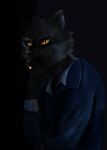  2021 anthro black_background blue_clothing blue_topwear brown_body brown_fur bust_portrait canid canine canis cheek_tuft cigarette clothing digital_media_(artwork) digital_painting_(artwork) facial_tuft fluffywuffy fur head_tuft hi_res male mammal mr._wolf_(the_bad_guys) portrait shirt simple_background smoke smoking solo the_bad_guys topwear tuft white_clothing white_shirt white_topwear wolf yellow_eyes 