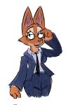  2021 anthro black_necktie blue_bottomwear blue_clothing blue_pants blue_suit blue_topwear bottomwear canid canine cheek_tuft clothed clothing diane_foxington digital_media_(artwork) digital_painting_(artwork) dreamworks eyewear facial_tuft female fox fully_clothed fur glasses hi_res mammal necktie orange_body orange_fur pants pink_nose shirt simple_background solo tan_body tan_fur the_bad_guys topwear tuft tyso white_background white_clothing white_shirt white_topwear 