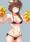  1girl adapted_costume ahoge arthur_ko bikini black_bikini blue_eyes braid breasts brown_hair cleavage commentary_request cowboy_shot grey_background hair_flaps hair_ornament hair_over_shoulder highres holding holding_pom_poms kantai_collection looking_at_viewer medium_breasts pom_pom_(cheerleading) remodel_(kantai_collection) shigure_(kancolle) side-tie_bikini simple_background single_braid solo swimsuit 