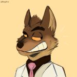  2021 anthro artist_name black_clothing black_shirt black_topwear brown_body brown_fur bust_portrait canid canine canis cheek_tuft clothing digital_drawing_(artwork) digital_media_(artwork) dreamworks facial_tuft fur grin head_tuft hi_res male mammal mr._wolf_(the_bad_guys) necktie pink_necktie portrait ringsfox shirt simple_background smile solo tan_body tan_fur the_bad_guys topwear tuft white_clothing white_topwear wolf yellow_eyes 