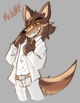  anthro belt black_claws bottomwear brown_body brown_fur canid canine canis cheek_tuft claws clothed clothing digital_drawing_(artwork) digital_media_(artwork) facial_tuft fully_clothed fur grey_background grin half-closed_eyes head_tuft hi_res male mammal mr._wolf_(the_bad_guys) narrowed_eyes pants shirt simple_background smile solo solratic tan_belt tan_body tan_fur text the_bad_guys topwear tuft white_bottomwear white_clothing white_pants white_shirt white_topwear wolf yellow_eyes 