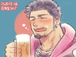  1boy aqua_background bara beer_mug chain chain_necklace character_request closed_eyes cup dated drunk earrings face facial_hair goatee hand_up holding holding_cup hood hood_down hoodie indie_virtual_youtuber jewelry long_sideburns male_focus mature_male mug mustache open_mouth pink_hoodie short_hair sideburns smile solo symbol-only_commentary thick_eyebrows upper_body yakisoba_ohmori 