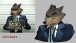  2021 3d_(artwork) anthro blue_clothing blue_necktie blue_topwear bluebellcookie brown_body brown_fur canid canine canis cheek_tuft clothing digital_media_(artwork) digital_painting_(artwork) dreamworks facial_tuft frown fur grey_background head_tuft male mammal mr._wolf_(the_bad_guys) narrowed_eyes necktie shirt signature simple_background smile smirk solo tan_body tan_fur the_bad_guys topwear tuft untied_necktie white_clothing white_shirt white_topwear wolf yellow_eyes 